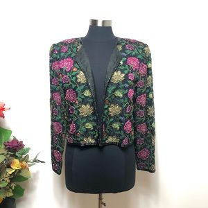 Vintage Beaded Silk Black Floral Jacket - Size L
